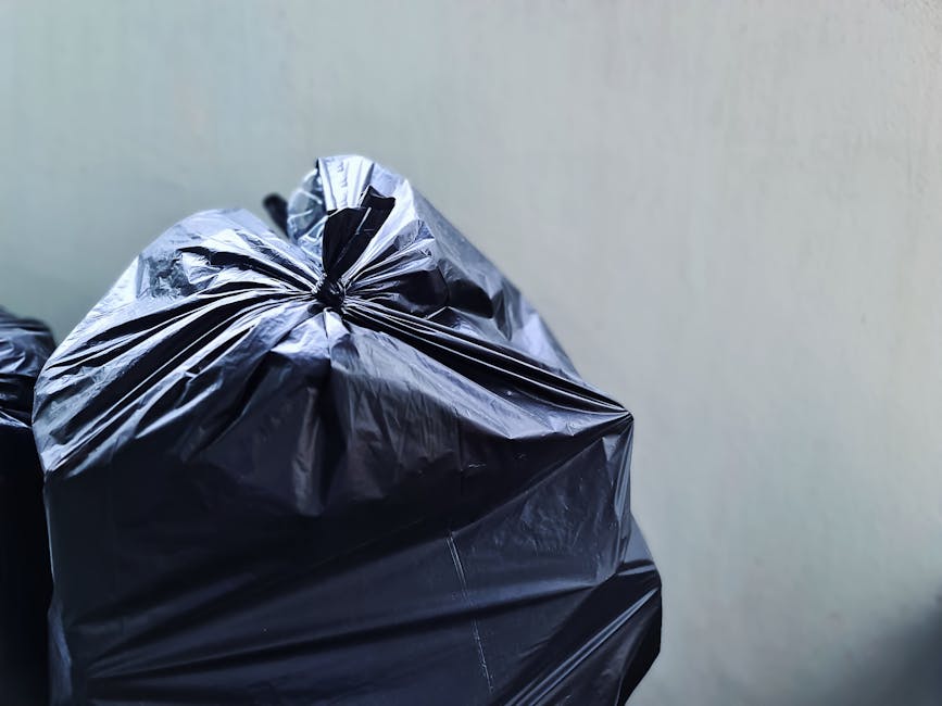 Five large wheeled rubbish bins with black bodies and bright yellow lids are lined up on a concrete surface against a plain, light-colored wall. Each bin has a white oval label with some printed detai